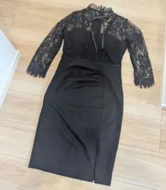【JEWELS】キャバドレス M ブラック レース タイト袖あり5分丈 リボン