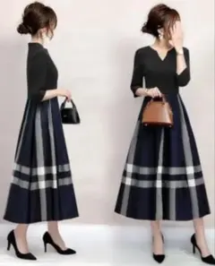 Aライン 七分袖 無地 チェック柄 切り替え シンプル ロングワンピース[