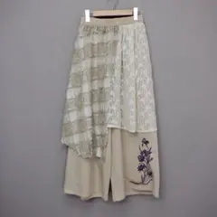 イズスカラー　553230：レース×チェック柄 異素材切替パンツ