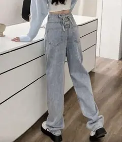 ライトブルー ハイウエスト デニムパンツ