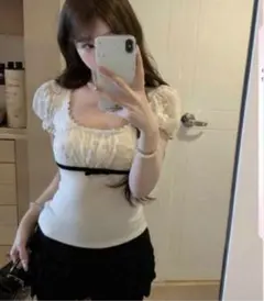 レース切り替えリボン半袖トップス SHEIN 【SHEIN】トップス ブラウス