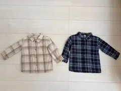 ベージュ・ネイビー チェック柄 長袖シャツ2枚セット　80cm