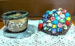 陶器製花鉢と皿セット＋蓮の実細工