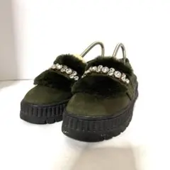 ❤️【莫卡辛鞋】厚底懶人拖鞋 絨毛 麂皮 綠色 寶石 M尺寸