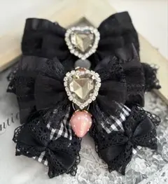 ゆめかわヘアリボンピン　フリルブラック×黒チェック×ハート