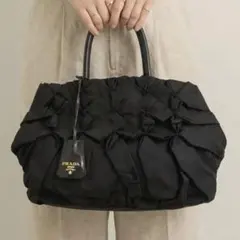 超美品 PRADA プラダ ブラック ナイロン レザー ハンドバッグ ギャザー