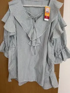 【新品】しまむら　ストライプ フリル付き五分袖チュニック　グリーン 3L (B)