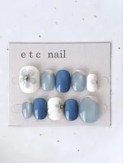 No.574ベリーショート　ネイルチップ　ブルー　ホワイト　フラワー　春