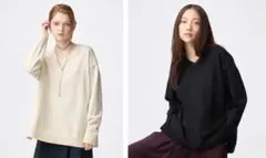 GU ジーユー オーバーサイズVネックニット2枚セット 黒＆白