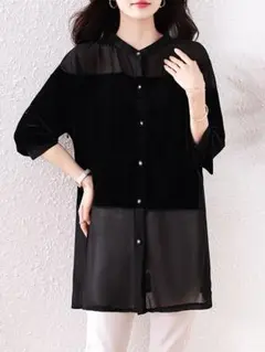 気質満点 無地 オシャレデザイン 切り替 ラウンドネック ブラウス 着痩せ