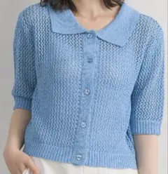 RETRO GIRL襟付き 透かし編み 半袖カーディガン ブルー