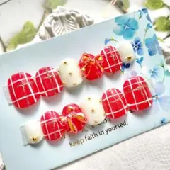 ネイルチップ レッド ホワイト リボン スタッズ バレンタイン