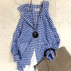 美品 マカフィー トゥモローランド リネン100% シャツ 長袖 洗える ブルー