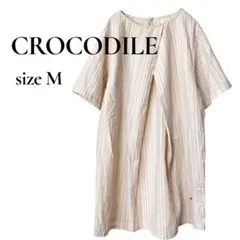❤️クロコダイル❤️ストライプ柄半袖チュニック Mサイズ きなり赤ピンク 綿麻 刺繍