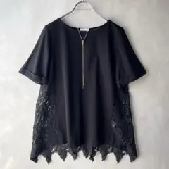 極美品✨モガ　背面レース　リーフ模様　半袖カットソー　黒　洗える　F