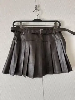 ダークブラウン プリーツスカート ベルト付き