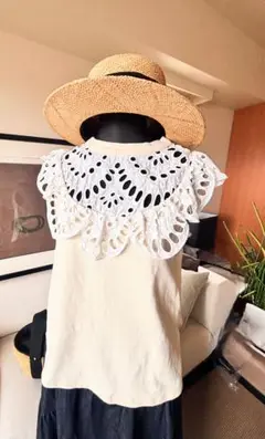 【Chloe】クロエ 花柄&ドット柄刺繍ブラウス 半袖 シースルー フレア Ｌ Chloe】クロエ 花柄&ドット柄刺繍ブラウス 半袖 シースルー