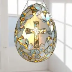 サンキャッチャー　美しいイースターエッグと十字架　ステンドグラス風　壁掛け