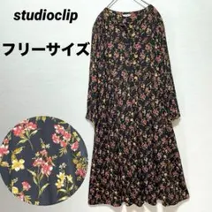 スタディオクリップ　studioclip 花柄前開きロングワンピース　黒　フリー