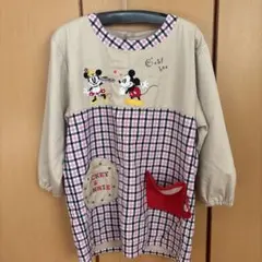 ミッキー・ミニー 割烹着 ベージュ チェック柄