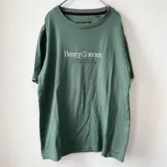 ヘンリーコットンズ　刺繍ロゴ　プリントTシャツ（M）くすみグリーン系