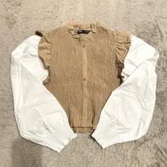 ZARA シャーリングブラウス　フリル付き　カーキ×ホワイト長袖シャツ　Mサイズ