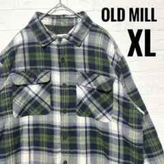 オールドミル　ネルシャツ　裏地フリース　ボア　緑　ネイビー　US古着　【XL】