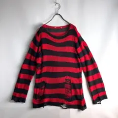 00s y2k グランジ 赤 黒 ボーダー クラッシュ ニット セーター パンク