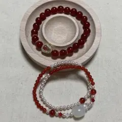 2点セット　赤瑪瑙　アゲート　人工パール　天然石ブレスレット　パワーストーン