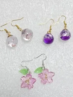 最後の桜ピアスと桜の花弁ピアス(ピンク、パープル)３点セット☆彡桜、春ピアス