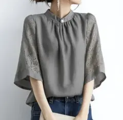 レーススリーブ チャコールグレー 五分袖ブラウス