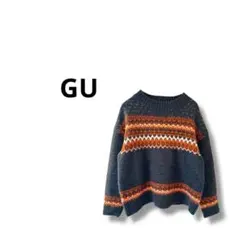 【ジーユー】長袖　ニット　セーター　柄　カジュアル　ダークグレー　M