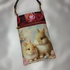 ハンドメイド、うさぎパネル生地、スマホポーチ 携帯用スマホポーチ ハンドメイドうさぎイラストポーチ パネル生地