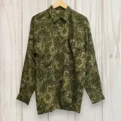 【レトロ 光沢 長袖総柄シャツ】ダークカラー 日本製 L 茶 古着