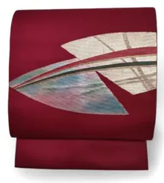 【モダン】名古屋帯 短尺337㎝　エンジ色 抽象文様 ラメ箔 金箔 洒落帯