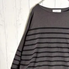 オペークドットクリップ グレージュ M ウール混ボートネックボーダーニット
