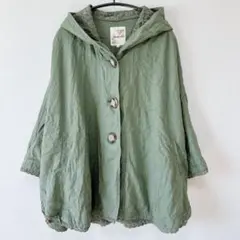 大きいサイズ 3L リネン混 ポンチョ 羽織 フード付 レース使い カーキ 緑