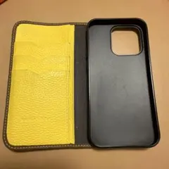 iPhone14pro 手帳型ケース ブラウン×イエロー