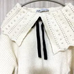 ZARA リボン　フェイクパール　セーター　ニット　アイボリー　S