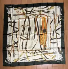 レトロ 大判スカーフ グリーン系 ベルト柄 訳あり