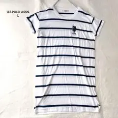 ユーエスポロアッスン　カットソー　ボーダー　刺繍ロゴ　クルーネック　綿　白紺　L