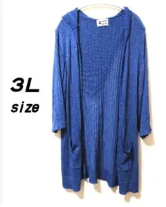 ３Ｌ ブルー フード付き ロングカーディガン ポケットあり 大きいサイズ