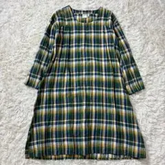 【極美品】ichi イチ リネン ロング ワンピース チェック柄 クルーネック