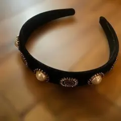 ビジュー カチューシャ ベロア ブラック