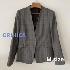 【美品】ORIHICA オリヒカ グレー チェック柄 ノーカラージャケット