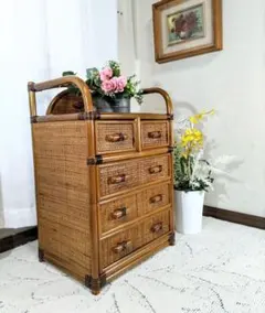 美品】高級 籐 ラタン チェスト 5段 タンス 昭和レトロ ヴィンテージ