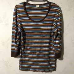 メンズ grn フライスUネック7分袖Tシャツ マルチブラウン Lサイズ