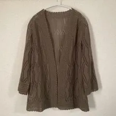 レース編み　前あきカーディガン　ブラウン　F トップス　レディース　羽織り