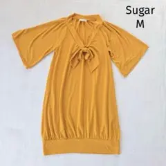 シュガー Sugar ワンピース M 五分袖 からし色 膝上丈 Vネックリボンのサムネイル