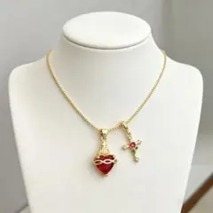 ゴシック 赤ハート 王冠 クロス ネックレス